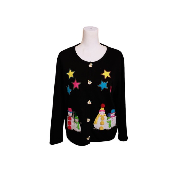Onque Casuals Sz PL Snowman‎ Stars Cardigan Christmas Sweater colorful - Picture 1 of 8